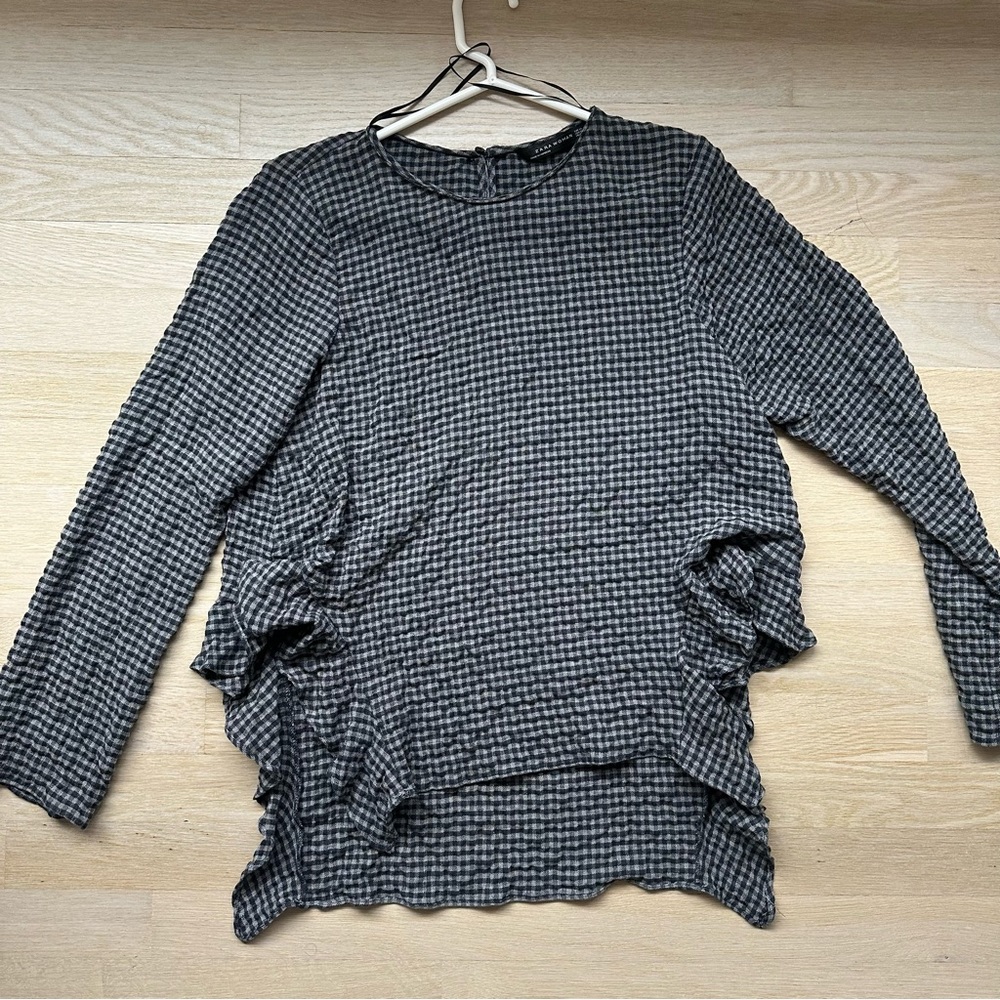 Zara Woman Gingham Check Ruffled High Low Long Sleeve Top Gray Crinkled S - Picture 4 of 9